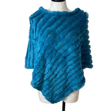 Black Rivet Poncho Womens One Size Wool Sage Blue Knit Pullover Rabbit Fur