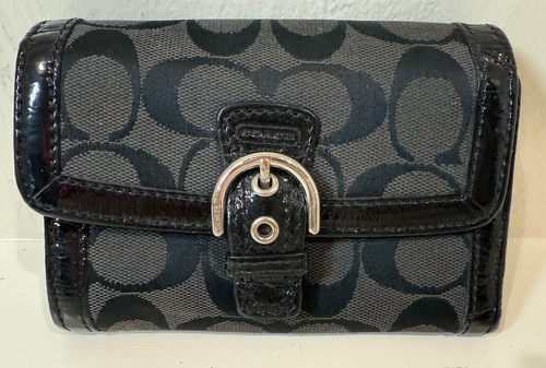 Coach Mini Signature Black Canvas Leather Trifold Buckle Wallet