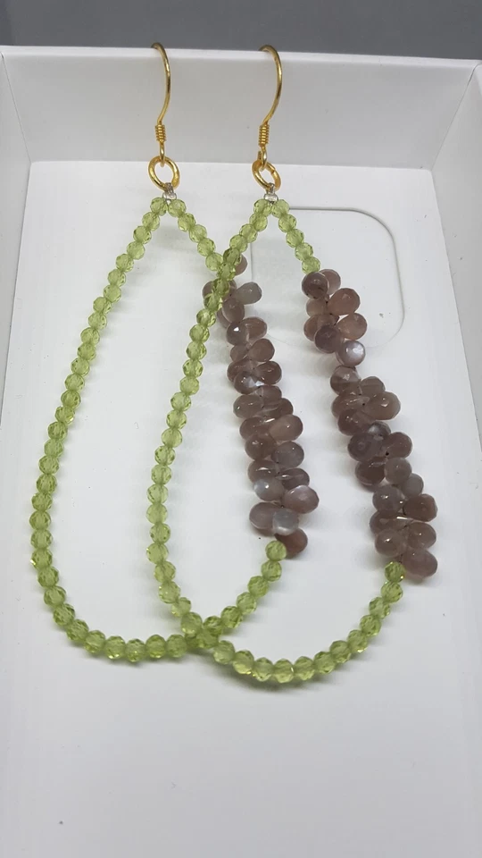 Pietra di luna e peridoto gemma in argento sterling 925 orecchino gioiello re... - Immagine 4 di 4