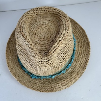 Wallaroo Raffia Tahiti Handwoven Straw Fedora Sun Hat Turquoise Bead Trim Wallaroo Hat Company Tahiti Raffia Sun Hat Tan Packable  main image 2