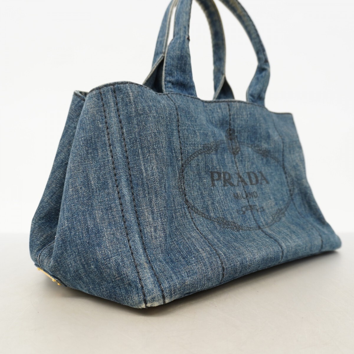 Prada Tote Bag Canapa Denim Blue Gold Hardware Used Ladies from japan thumbnail 2