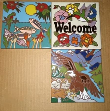 3 Vtg Glazed Earthtones Brand Decorative Floral Eagle Nature Hanging Tiles 6" 