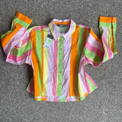 Primark Gr. M gestreiftes Crop Shirt Boxy Fit Langarm limette rosa orange Bluse