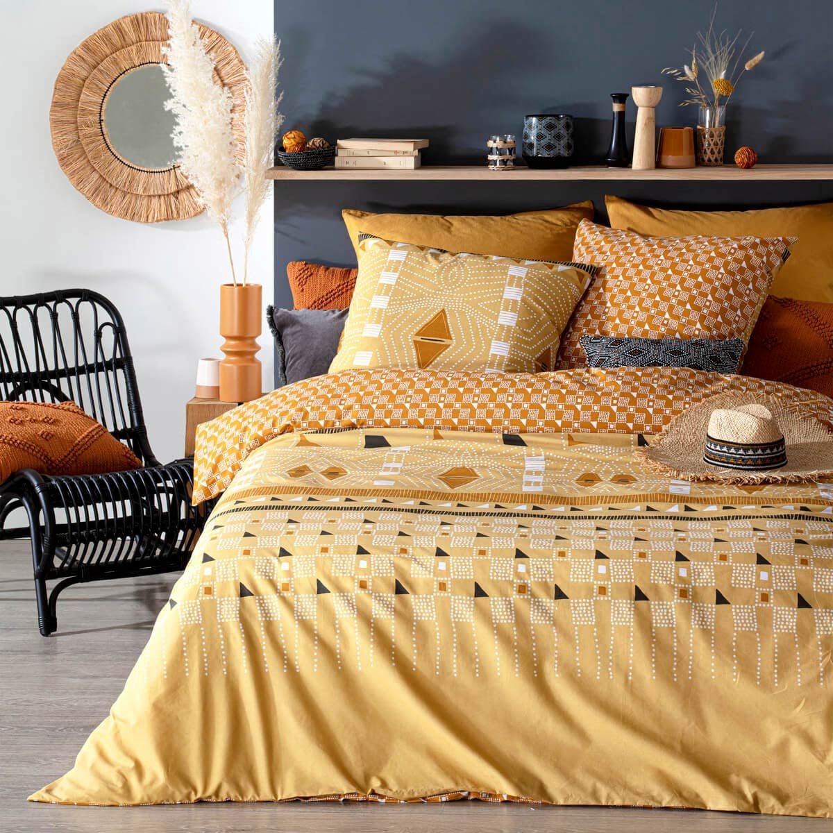 Parure de lit ocre Kacang 240x220cm en pur coton de qualité supérieure