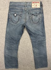 True Religion Rainbow Ricky Jeans Mens 34 Blue Distressed Straight USA Made