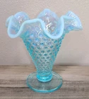 Fenton Art Glass Hobnail Vase Aqua Blue Ruffled Vintage Opaque Small Bud Vase