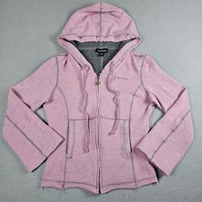 Vintage Bebe Hoodie Womens Small Pink Full Zip Rhinestone Frayed Hem Made in USA