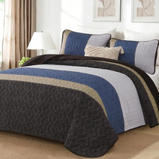 Quilt King Size,Brown Blue Striped Plaid Bedsperad Coverlet Set Lightweight Be