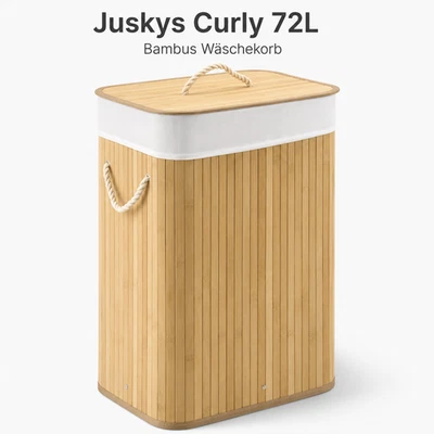 Juskys Wäschekorb Bambus Curly 72L Natur Wäschebox mit Deckel & Griffen - Bild 1 von 4
