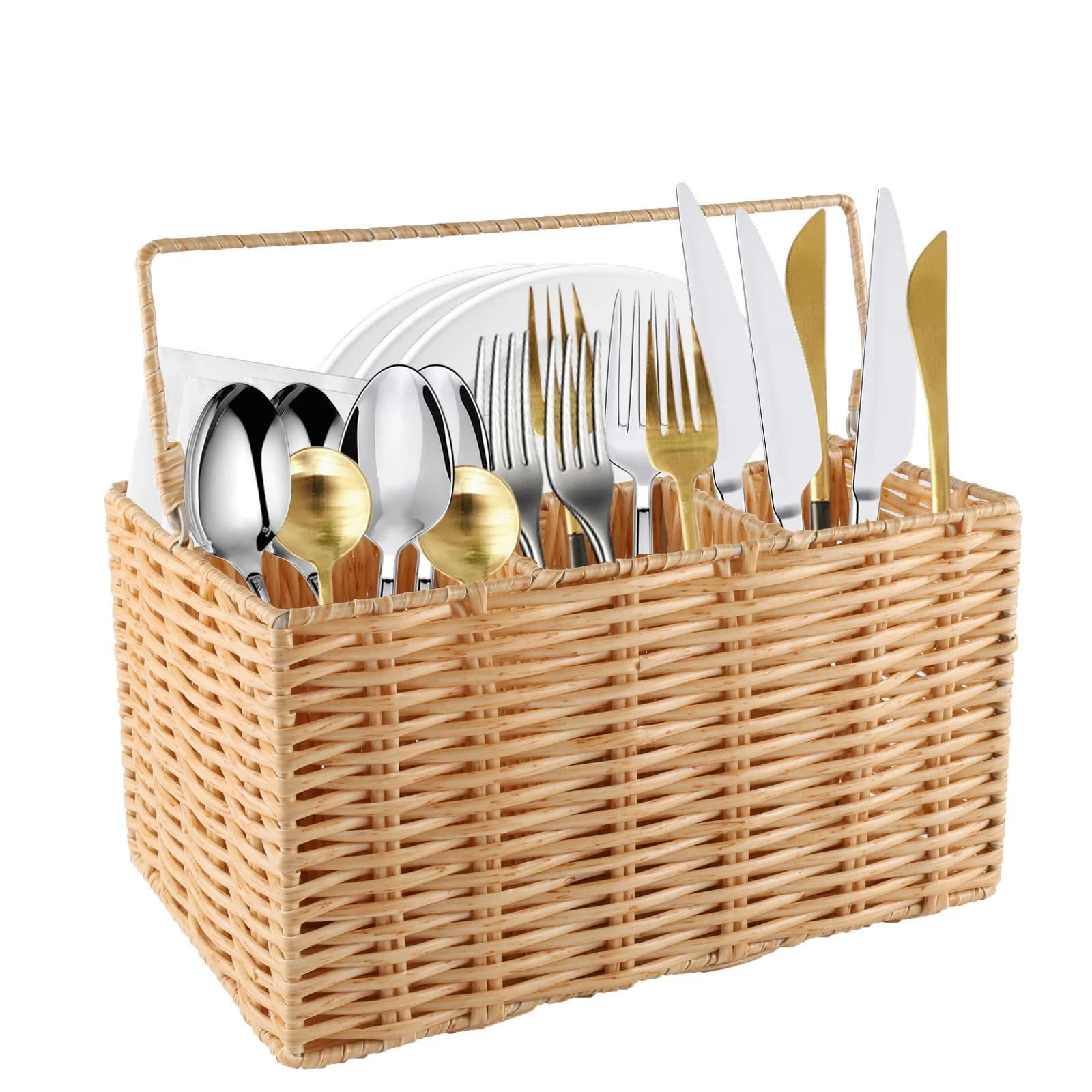 Silverware Organizer,Hand-Woven Wicker Kitchen Utensil Caddy with 4 Compartme...