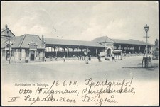 Kiautschou 1904 cartolina Markthallen Tsingtau 25.6.04 Vadstena Svezia batteria-Stpl / 360