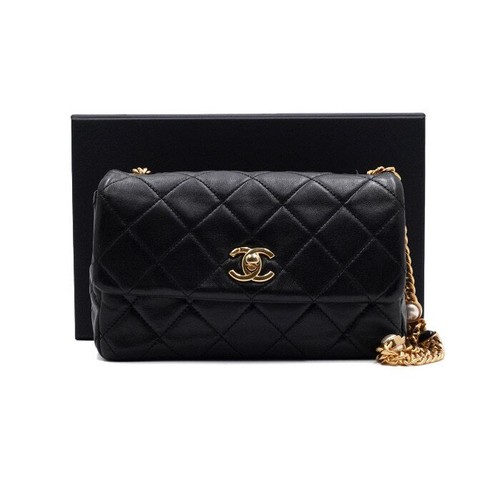 CHANEL Black Lamb Pearl Chain Gold CC Flap Shoulder Bag and Crossbody 152315038