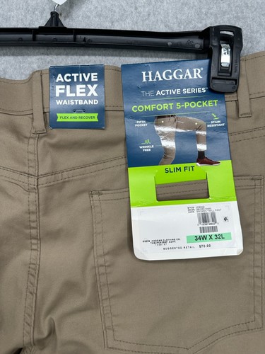 Haggar Men's Dress Pants 34x32 Khaki Twill Active Series City Flex Traveler - Picture 3 of 4