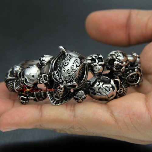 Heavy Sturdy Men's Stainless Steel Biker Knight Skull Cuff Bangle Bracelet Biker - Picture 3 of 11