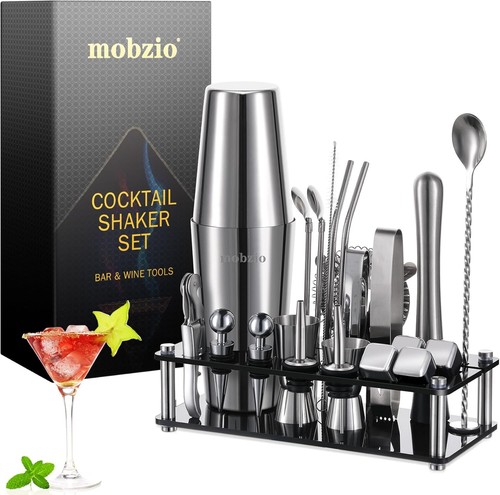 Cocktail Shaker Set Bartender Kit, 23 PCS Boston Tool Silver, Silver
