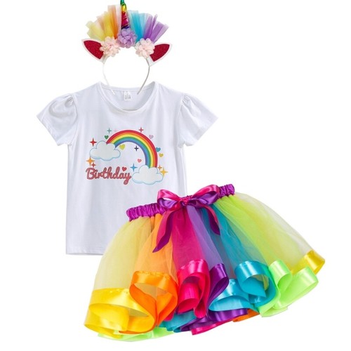 Licorne Girl Birthday Costume Outfits Rainbow Skirt,Licorne Horn Headband - Picture 14 of 26