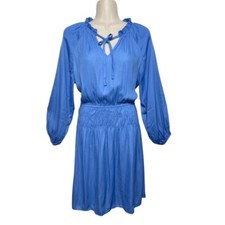 Loft Long-Sleeve Elastic Waist Mini Dress With Tie Neck in Blue Size 2