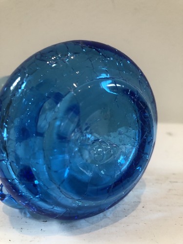 Vintage Cobalt Blue Crackle Hand Blown Glass Bottle with Lid 6” - Picture 9 of 9