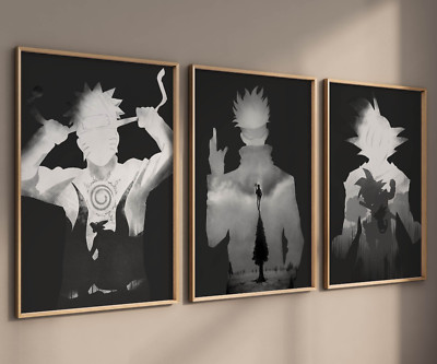 Anime Kunst, klassische Figuren 3er Set Leinwand / Druck / gerahmt, DBZ, Naruto, JJK