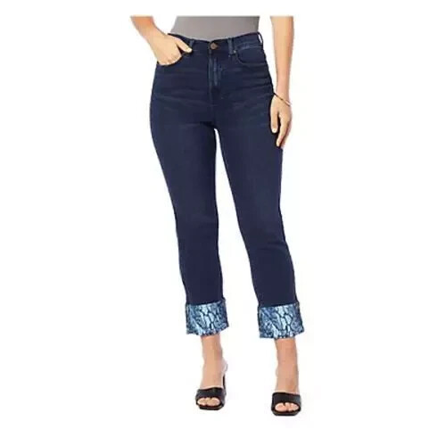 DG2 by Diane Gilman Virtual Stretch Printed Hem Crop Jean (Indigo, Size 2) - Picture 1 of 3