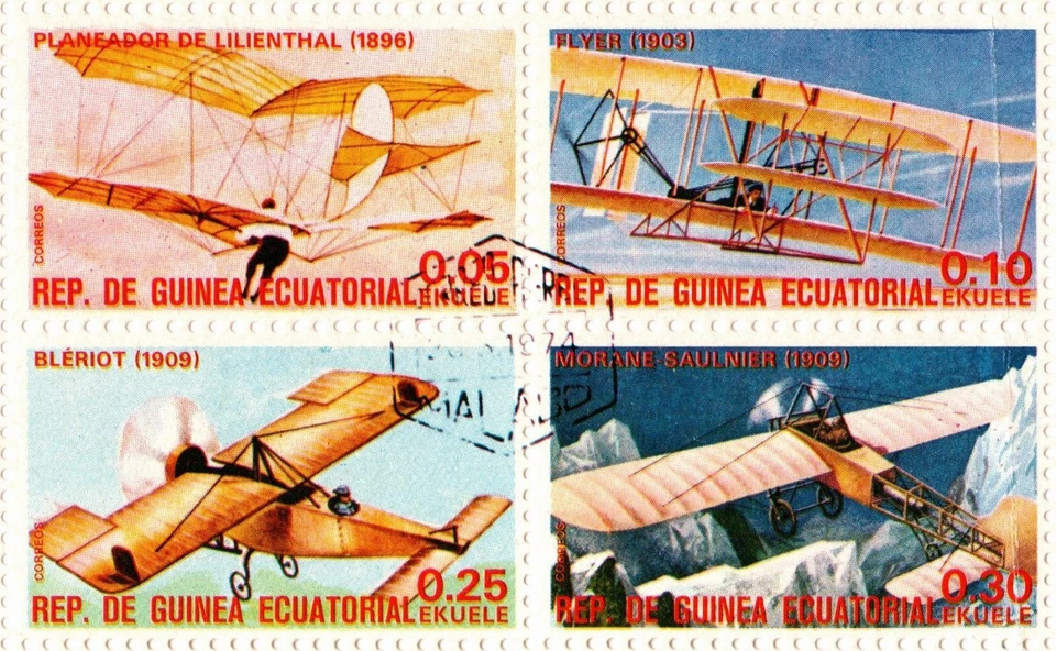 GUINEA ECUATORIAL 1974 AVIONES ANTIGUOS 16 SELLOS HOJA CTO Foto 2 de 4