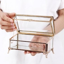 Rectangular Vintage Glass Jewelry Box with Hinged Lid, 6.8x3.9x3.5 Inches, Ke...
