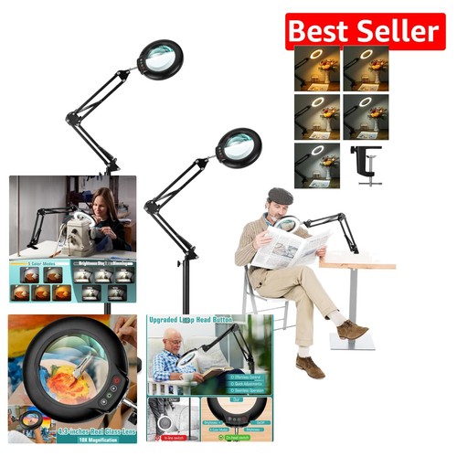 Black LED Magnifying Stand Lamp with 10X Glass Lens & Adjustable Height