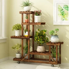 Wooden Wood Multi Shelves Planter Plant Stand Flower Pot Rack w/ Rolling wheels