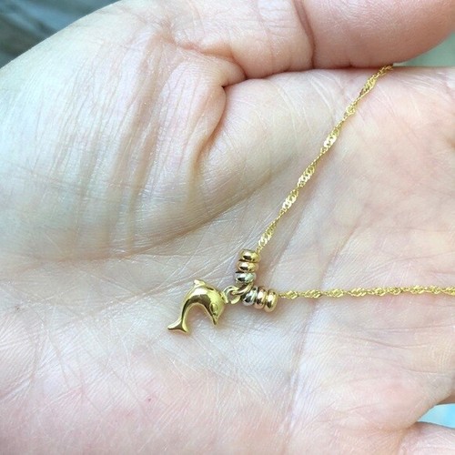14K Solid Gold Mini Dolphin Tricolor Circle Pendant Dainty Necklace 17" - C86-89 - Picture 6 of 7