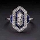 Art Deco Vintage Style Lab Created Diamond & Sapphire Engagement 925 Silver Ring