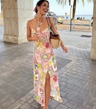 ZARA NEW WOMAN PATCHWORK PRINT LINEN MIDI DRESS BOW OPEN-BACK 3771/107 Size XL