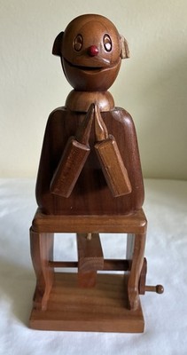 Hand Crank Wooden Automata Happy Guy Clapper Kinetic Sculpture Mechanical Moving