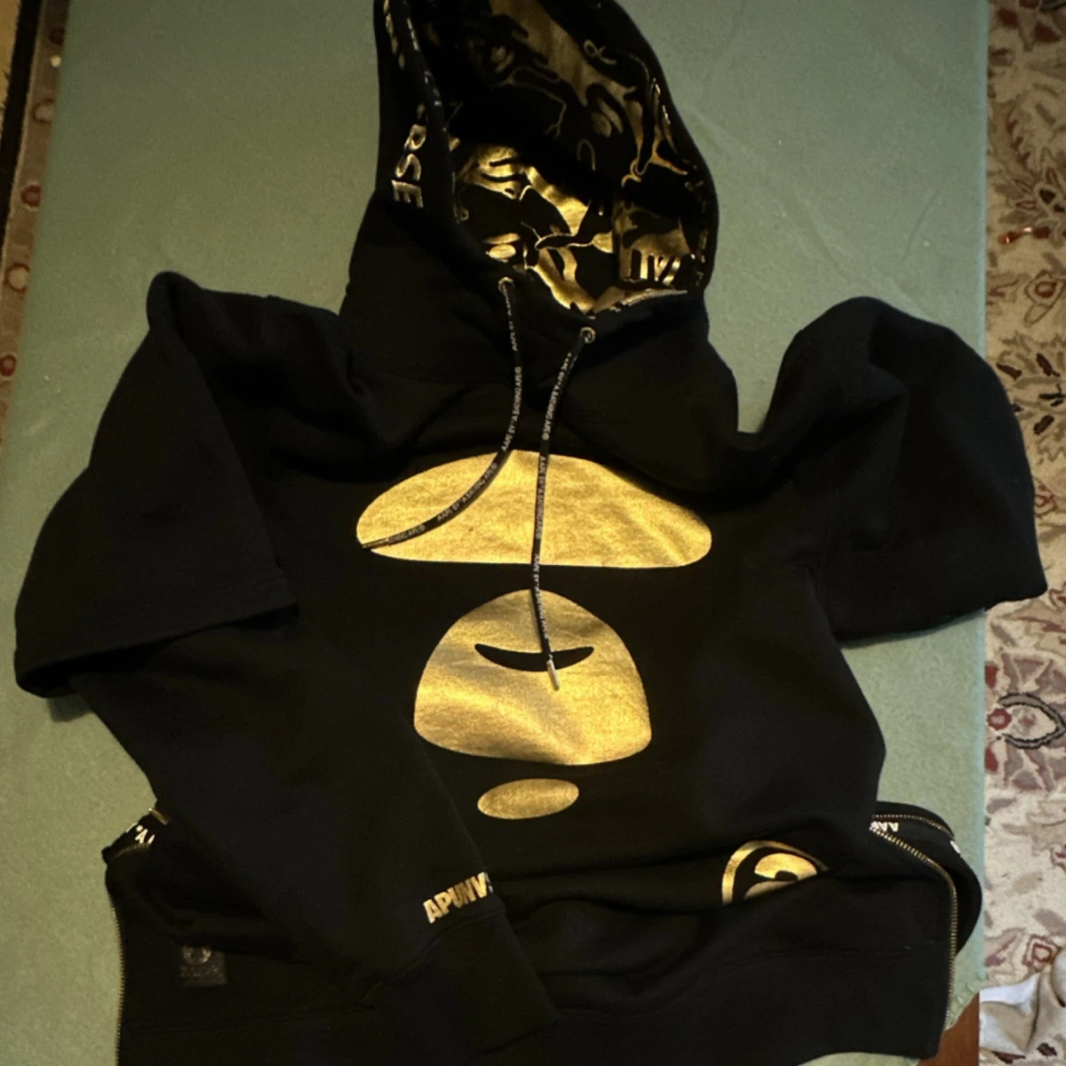 Aape by A Bathing Ape Black Gold Pullover Hoodie Logo Embroidered