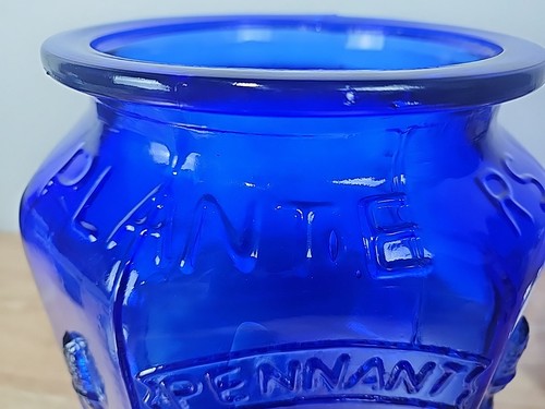 Tarro y tapa de vidrio vintage PLANTERS "MR PEANUTS" AZUL COBALTO 12,5"🥜 octogonal - Imagen 6 de 16