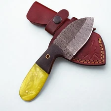 Damascus Steel Shard Mini Skinner Knife Guppy EDC Blade Yellow Resin with Sheath
