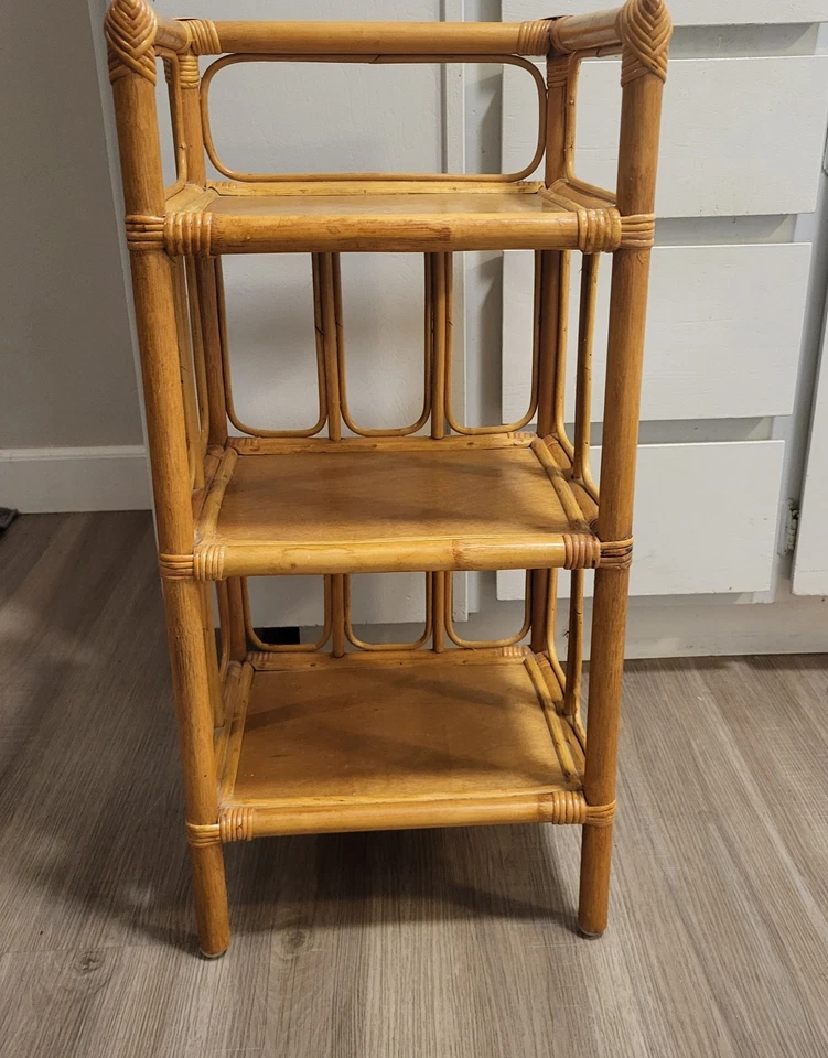 Vintage Bamboo & Wood 3 Shelf small bookcase knickknack shelf 13 x 27 x 11 Boho - Image 3 of 4