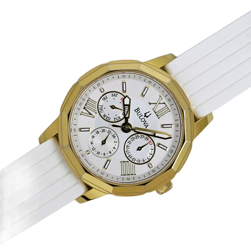 Reloj Bulova Dress chapado en oro multifunción esfera blanca para dama 97N108 Foto 2 de 4