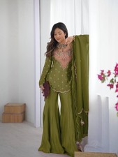 Lightweight Luxe Heavy Simmer Silk Green Palazzo Suit Set In Embroidery Work