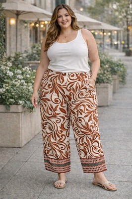 CeCe Boho Wide Leg Pants Cream Brown Scroll Print High Rise Flowy Summer Size L