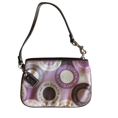Coach Purple Brown Op Art Circle Logo Sateen Leather Trim Wristlet Pouch Bag