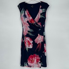 Ronni Nicole Navy Pink Floral Faux Wrap Sheath Dress Size 6 Ruched V-Neck Lined