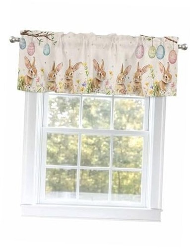 Easter Egg Rabbits Valance Curtains for Windows, Rod Pocket Window Curtains