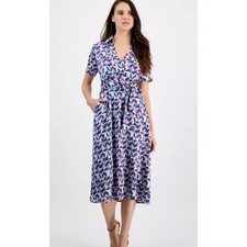 Tahari ASL Women's Printed Midi Dress collared faux wrap blue purple size 12 NWT