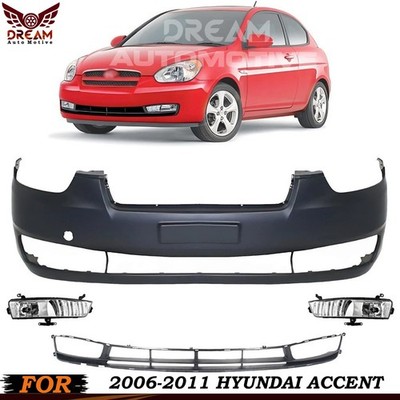 Front Bumper Cover Fascia & Fog Light Assembly Kit For 2006-2011 Hyundai Accent