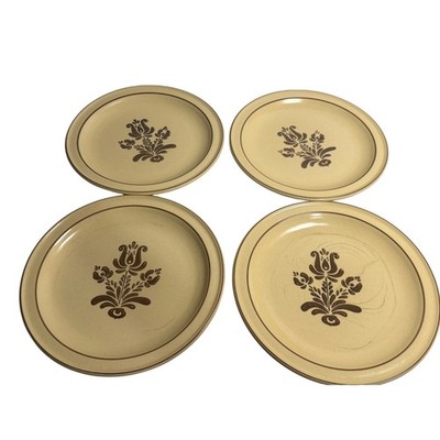 VTG Pfaltzgraff Village Dinner Plates Tan Brown Floral Stoneware Set of 4 USA