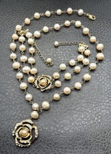 VTG Y2K Faux Pearl Rhinestone Beaded Necklace Bracelet Set Rose Flower Gold Tone