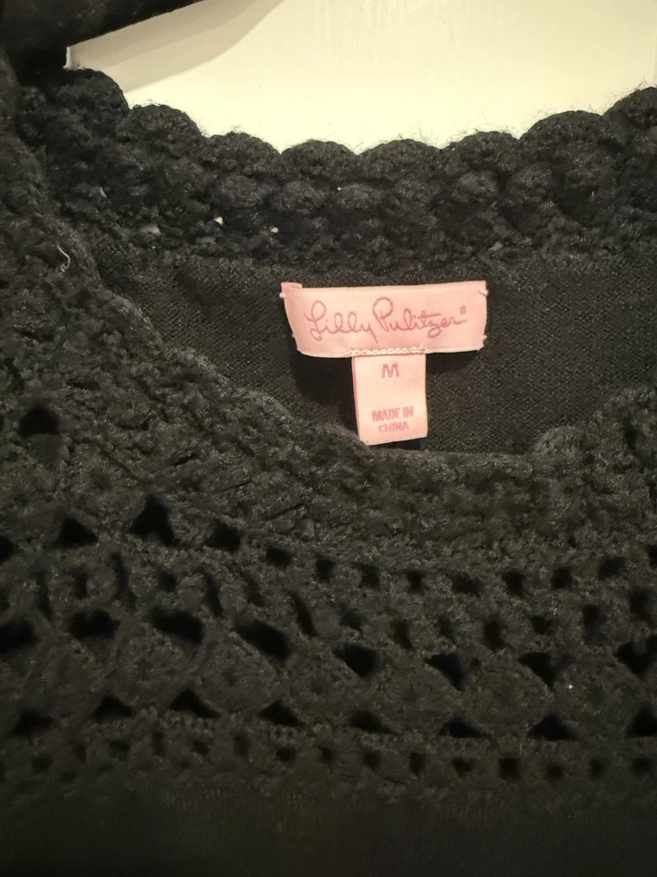 Lilly Pulitzer Kariana Crochet Soft Merino Wool Knit Black Dress Size M 3/4 Slve - Image 2 of 4