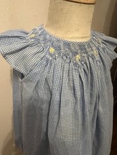VTG Gingham Smocked Bishop Dress Yellow Flower Embroidery Flutter Sleeve Easter