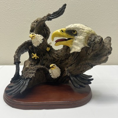 Bald Eagle with Two Eaglets Figurine on Wooden Base 10x11