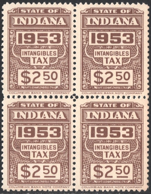 SRS IN D179 $2.50 Indiana Intangible Tax Revenue Block of Four (1953) MNH